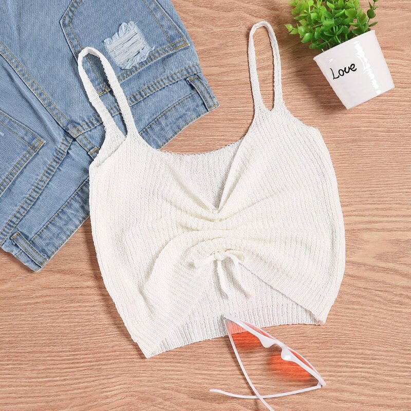 

Drawstring Front Crop Knit Top, White
