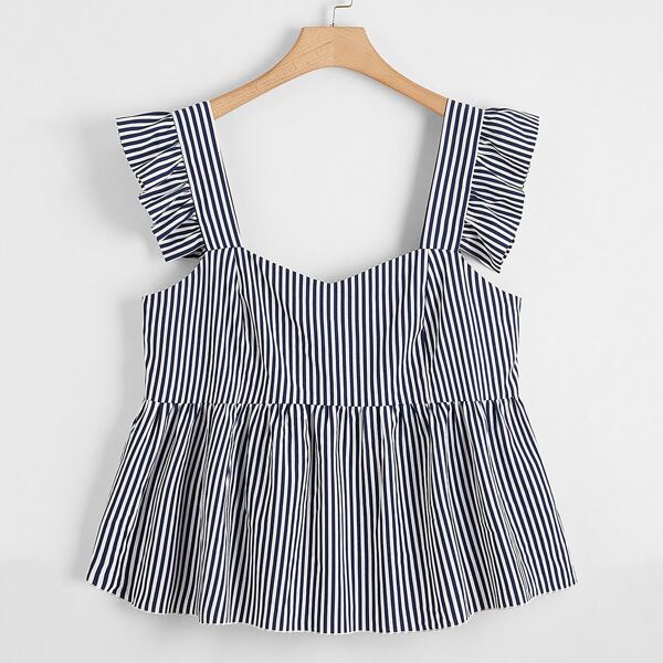 

Plus Ruffle Trim Striped Peplum Top, Blue and white