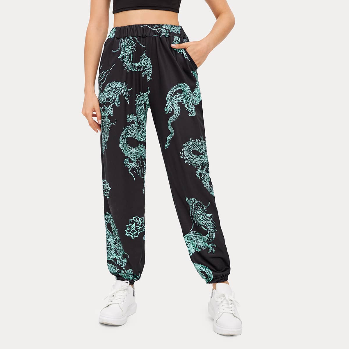 

Dragon Print Joggers, Black