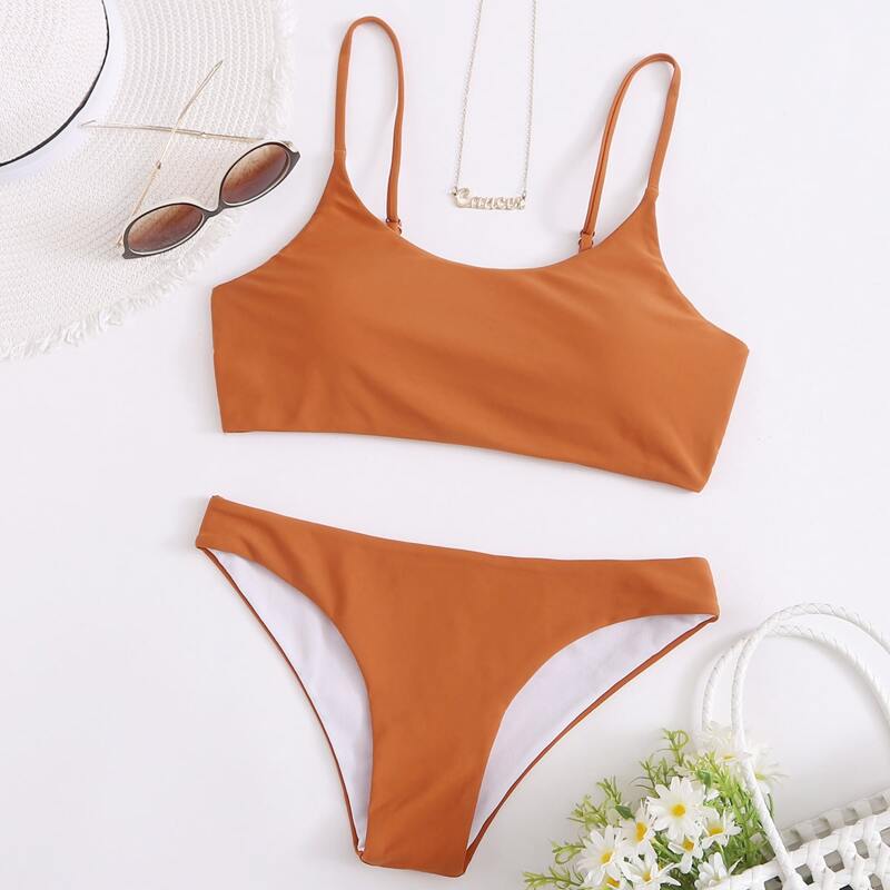 

Solid Adjustable Strap Bikini Swimsuit, Burnt orange