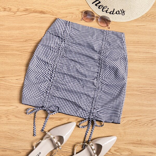 

Gingham Drawstring Front Mini Skirt, Black and white