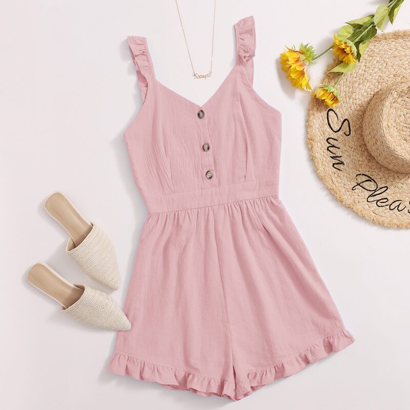 

Frill Button Cami Romper, Baby pink
