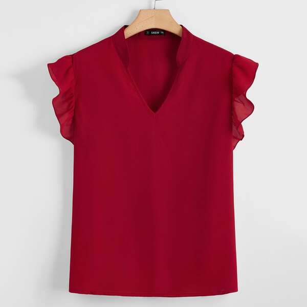 

Plus Notched Neck Ruffle Trim Top, Burgundy