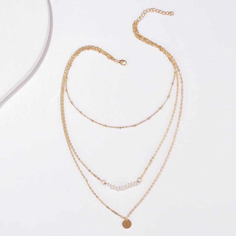 

Faux Pearl Layered Chain Necklace, Gold
