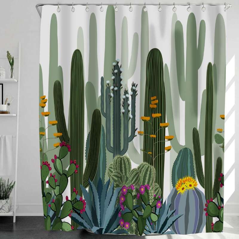 

Cactus Print Shower Curtain With 12pcs Hook, Multicolor