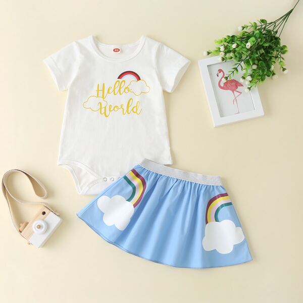 

Baby Girl Letter Graphic Bodysuit & Skirt, Blue and white