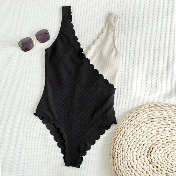 

Two Tone Scallop Trim One Piece Swimsuit, Black and white
