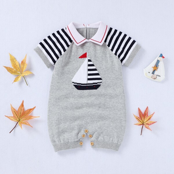 

Baby Boy Sailboat Knit Striped Romper, Light grey