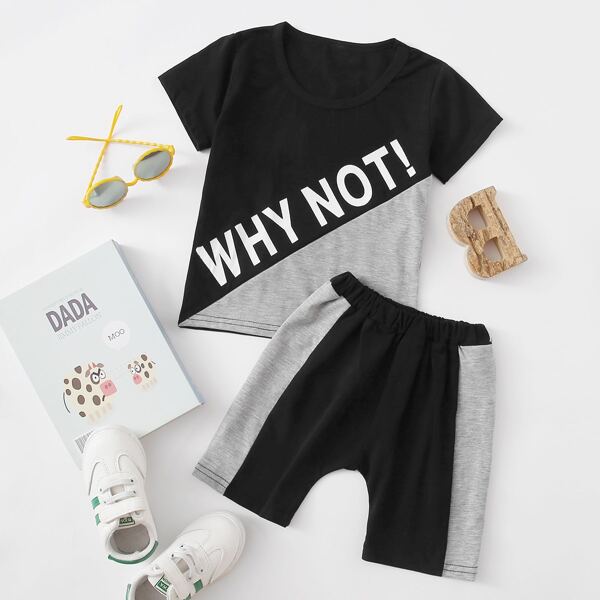 

Toddler Boys Slogan Graphic Spliced Tee With Athletic Shorts, Black