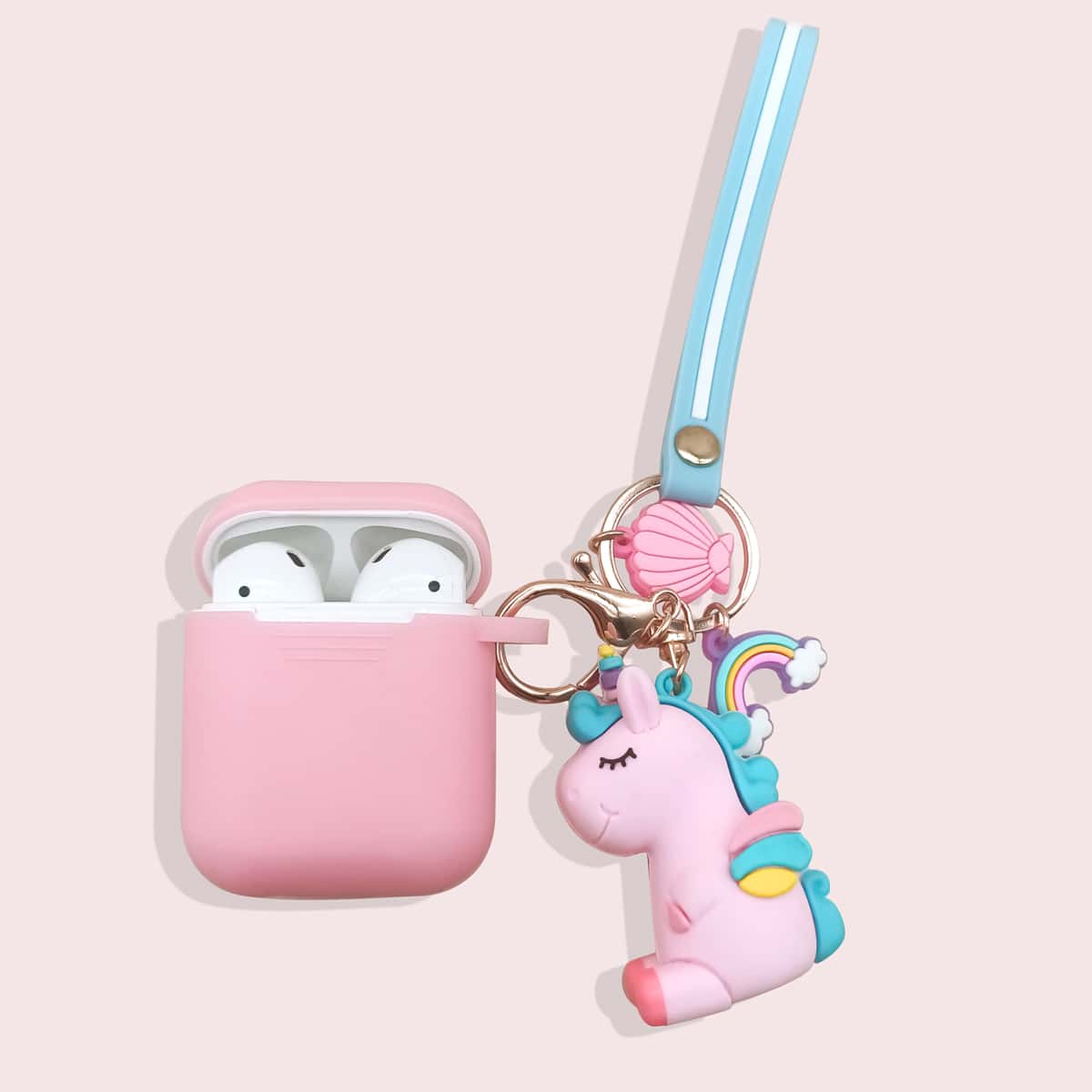 

1pc Solid AirPods Case With 1pc Unicorn Keychain, Pink