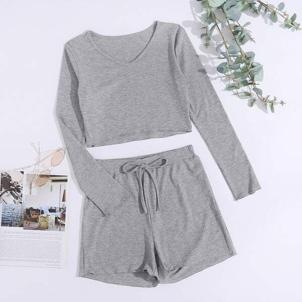

V-neck Crop Top With Tie Front Shorts, Grey