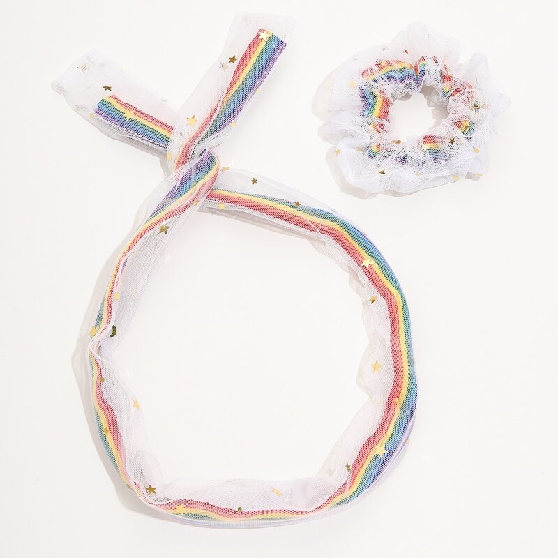 

2pcs Rainbow Striped Mesh Headband & Scrunchie, Multicolor