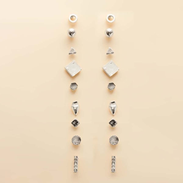 

9pairs Girls Rhinestone Decor Stud Earrings, Silver