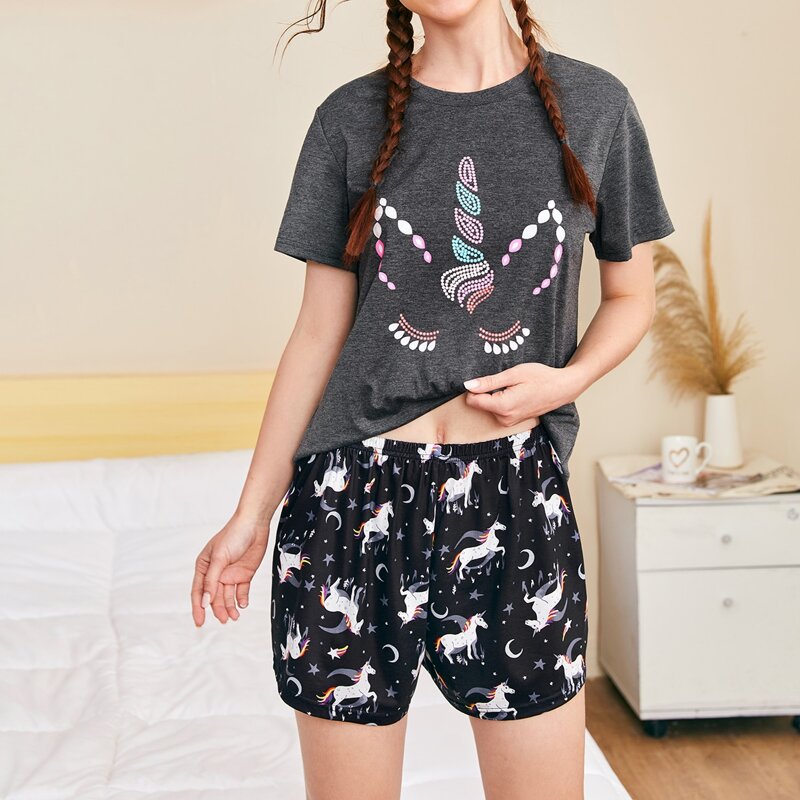 

Cartoon Unicorn Shorts Pajama Set, Multicolor