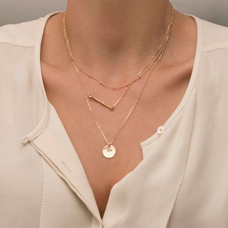 

Horizontal Bar & Coin Layered Necklace, Gold
