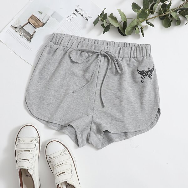 

Tie Waist Butterfly Print Track Shorts, Grey