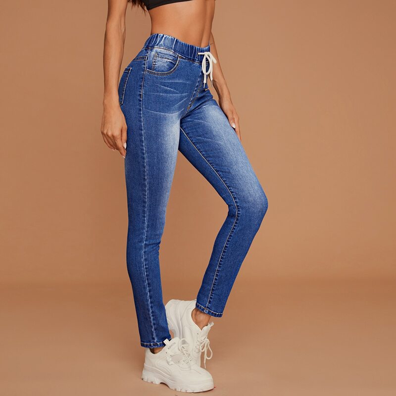 

Bleach Wash Tie Waist Skinny Jeans, Medium wash