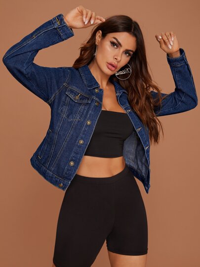 SHEIN Essnce Button Front Flap Pocket Trucker Denim Jacket