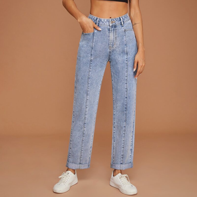 

Roll Hem Straight Leg Jeans, Medium wash
