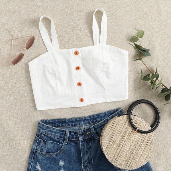 

Button Front Solid Cami Top, White
