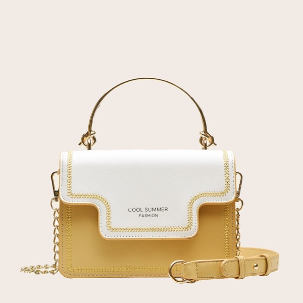 

Metal Handle Two Tone Flap Satchel Bag, Yellow