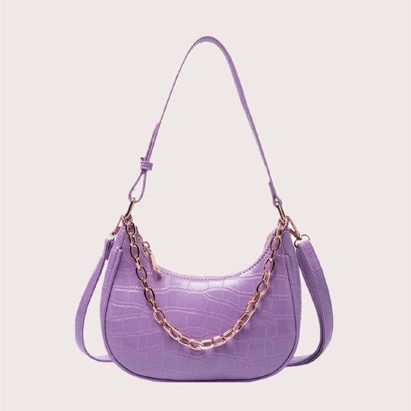 

Chain Decor Stone Embossed Hobo Bag, Purple