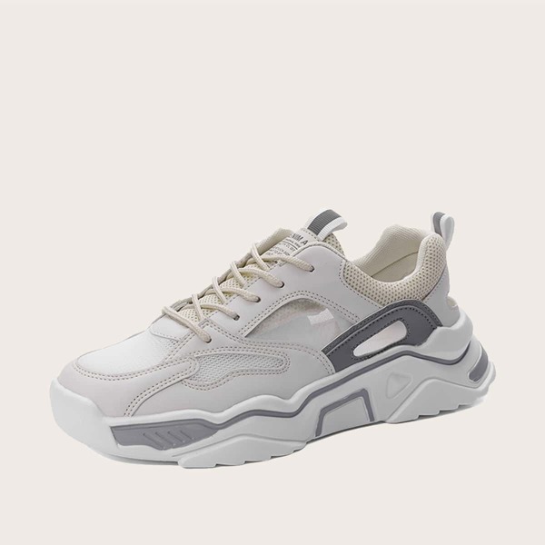 

Men Lace-up Front Mesh Panel Chunky Sneakers, Beige