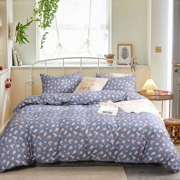 

Flower Print Bedding Set Without Filler, Blue