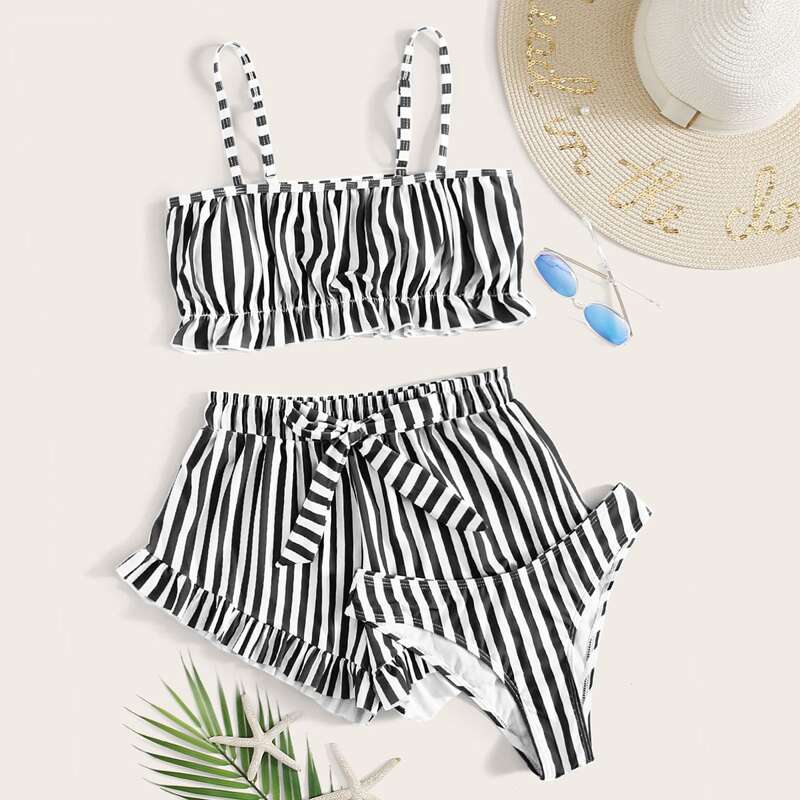 

3pack Striped Frill Trim Bikini Swimsuit, Black and white