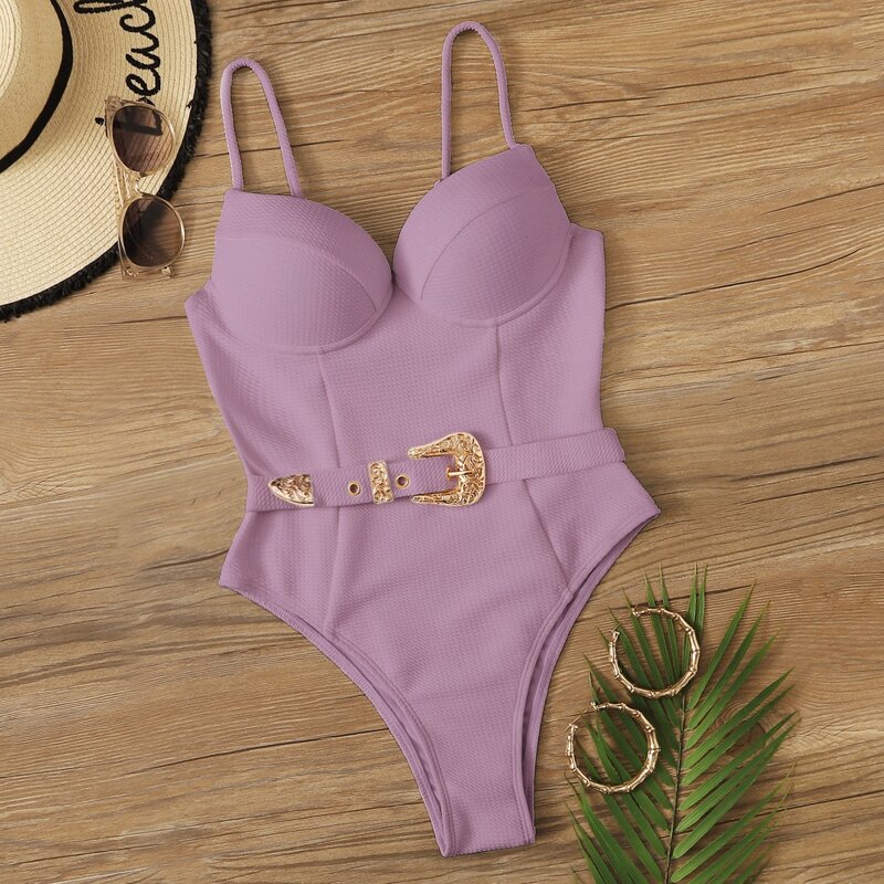 

Textured Buckle Detail Underwire One Piece Swimsuit, Mauve purple