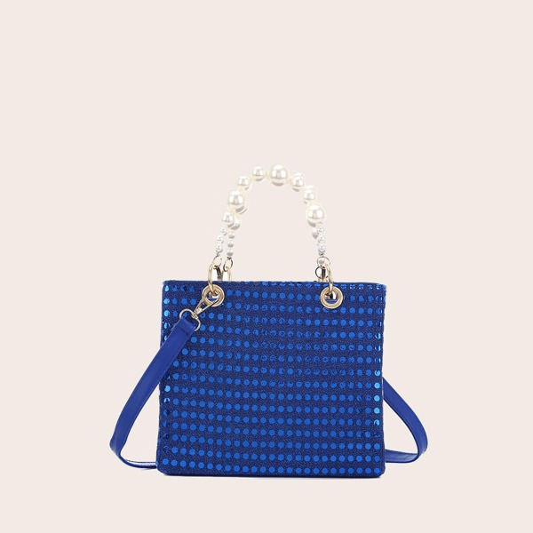 

Faux Pearl Handle Satchel Bag, Blue