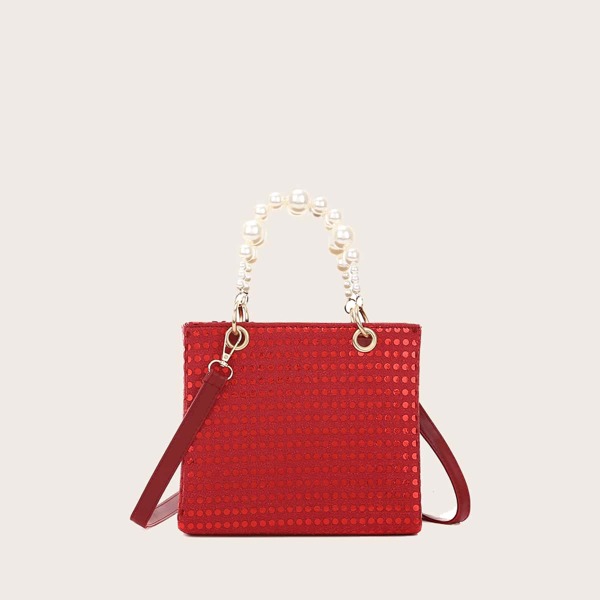 

Faux Pearl Handle Satchel Bag, Red
