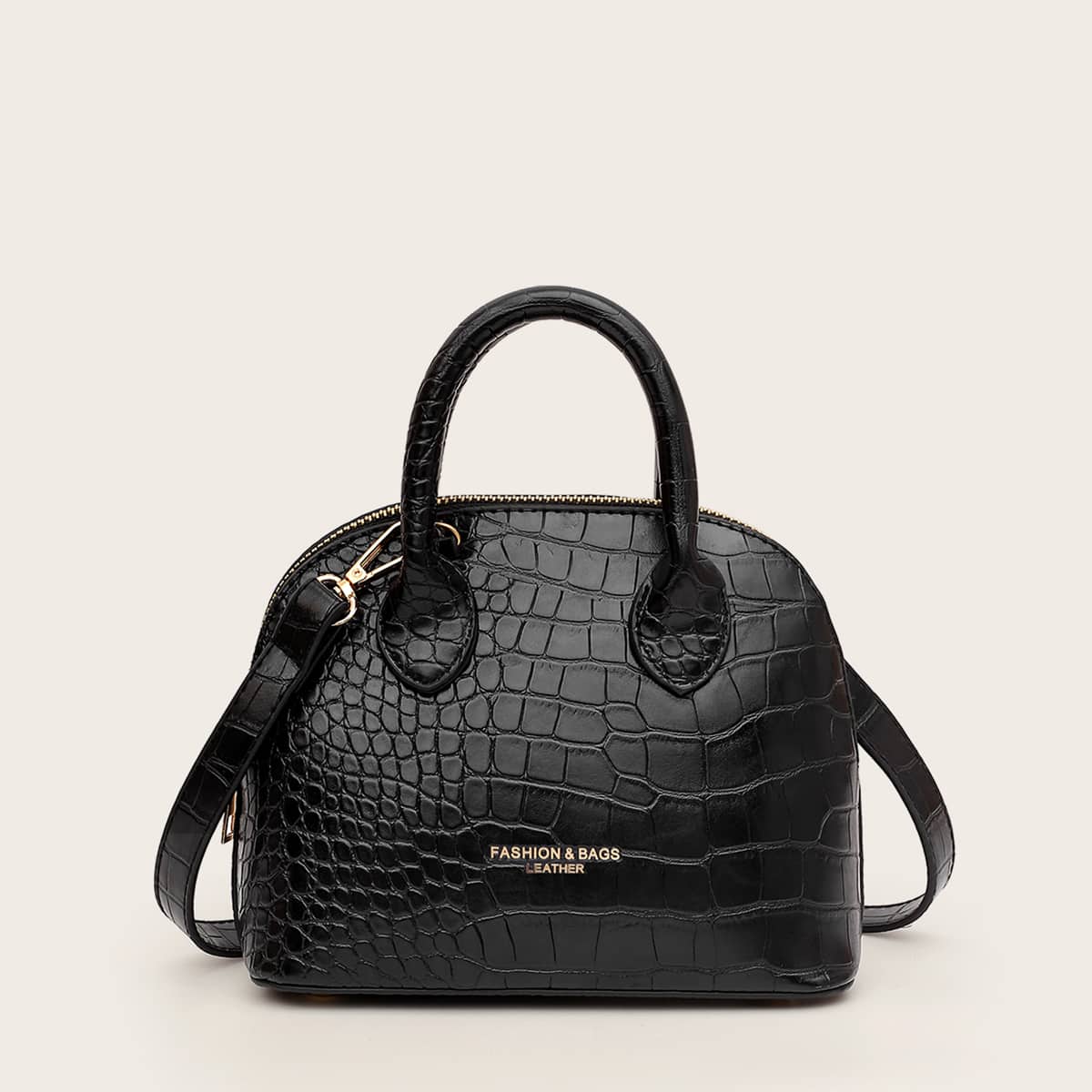 

Croc Embossed Double Handle Satchel Bag, Black