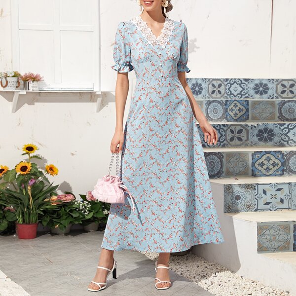 

Lace Panel Puff Sleeve Ditsy Floral A-line Dress, Baby blue