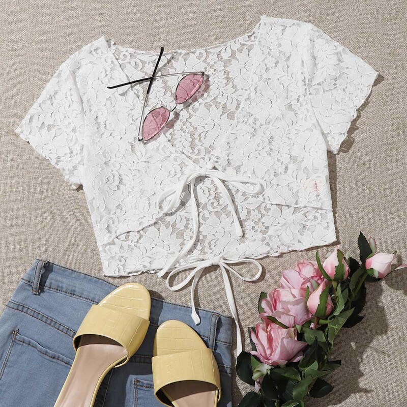 

Lace Sheer Tie Front Crop Top, White