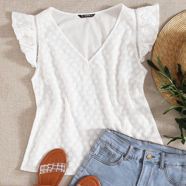 

Embroidered Floral Ruffled Trim Top, White