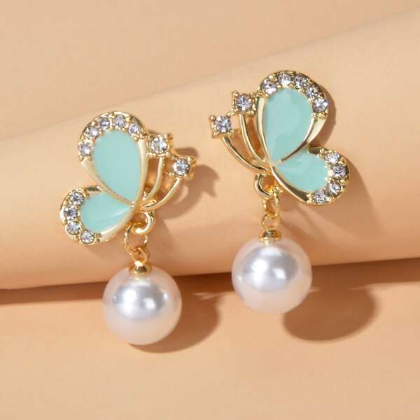 

Rhinestone Butterfly Drop Earrings, Green