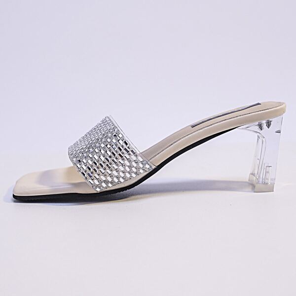 

Rhinestone Decor Chunky Heeled Sandal Mules, Silver