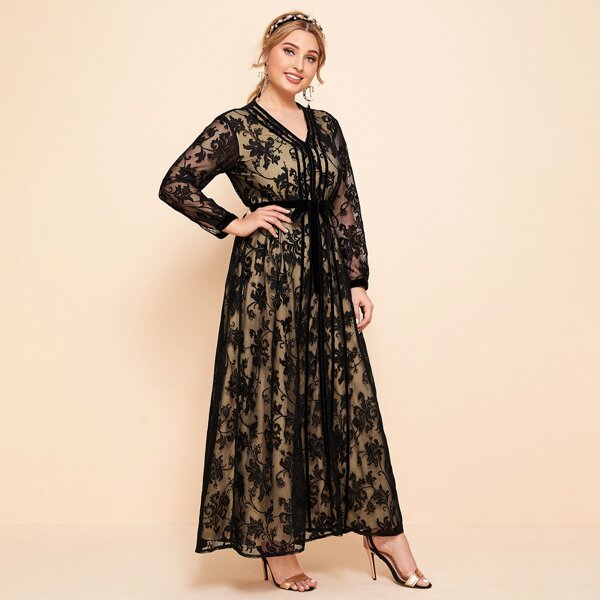 

Plus Baroque Print Lace Overlay Belted Prom Dress, Multicolor