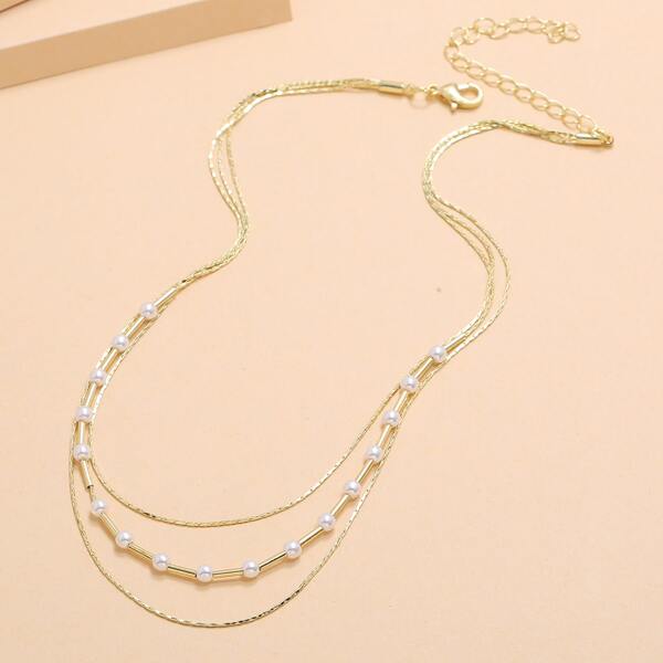 

Faux Pearl Layered Necklace, Gold