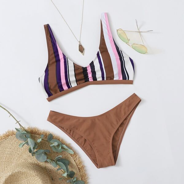 

Striped Ruched Bikini Swimsuit, Coffee brown