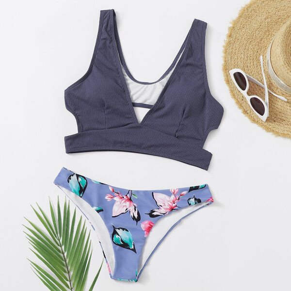 

Floral Rib Cut-out Bikini Swimsuit, Multicolor
