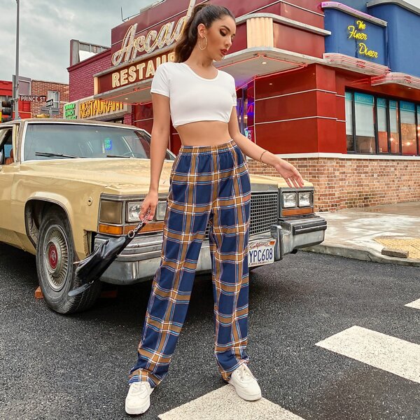 

Plaid High Waist Wide Leg Pants, Multicolor