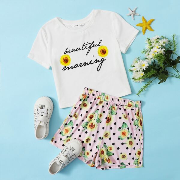 

Girls Sunflower and Letter Print Top & Shorts PJ Set, Multicolor
