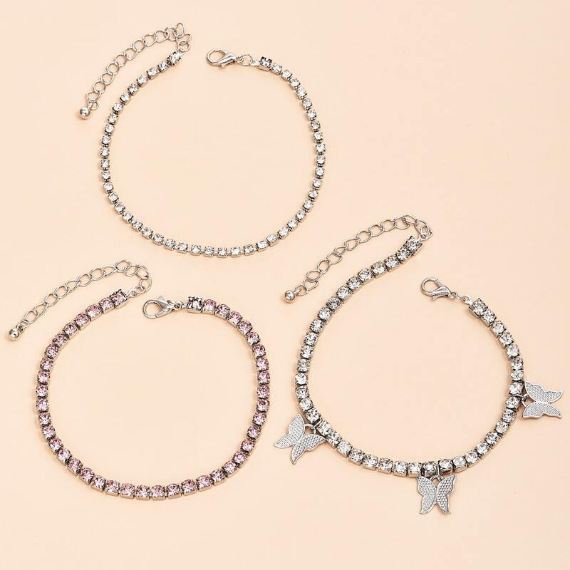

3pcs Rhinestone Butterfly Decor Anklet, Silver