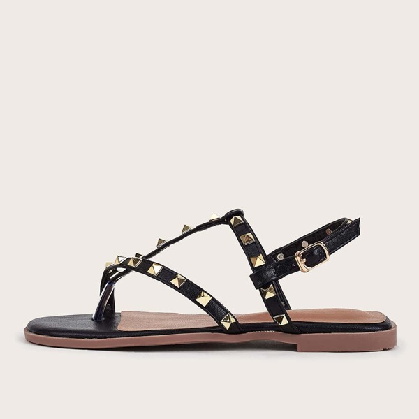 

Toe Post Studded Decor Slingback Sandals, Black
