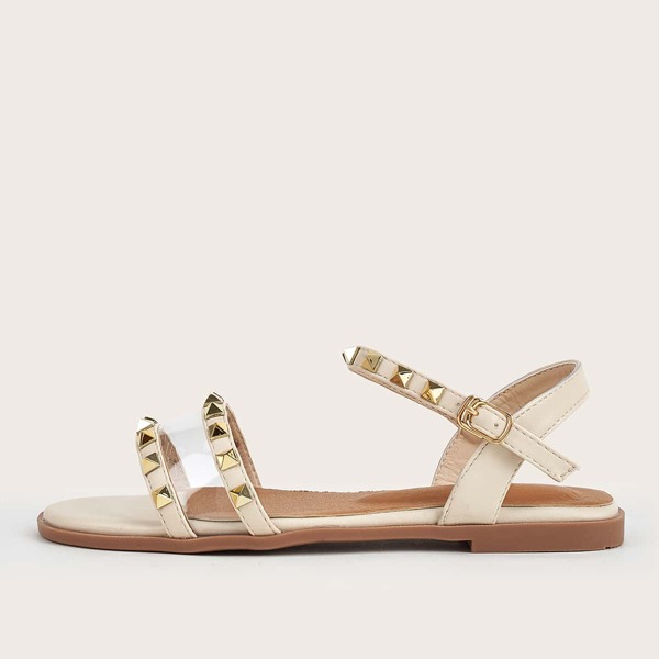 

Clear Studded Decor Ankle Strap Sandals, Beige