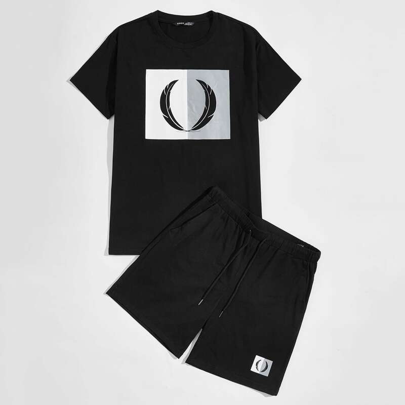 

Guys Feather Print Top & Track Shorts Set, Black