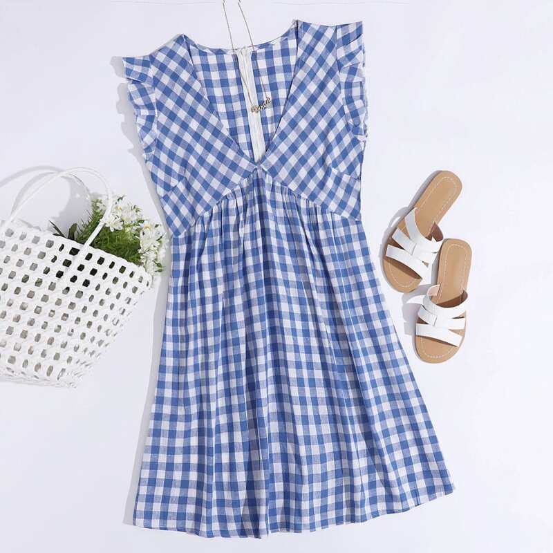 

Gingham Ruffle Trim Zipper Back Dress, Blue and white