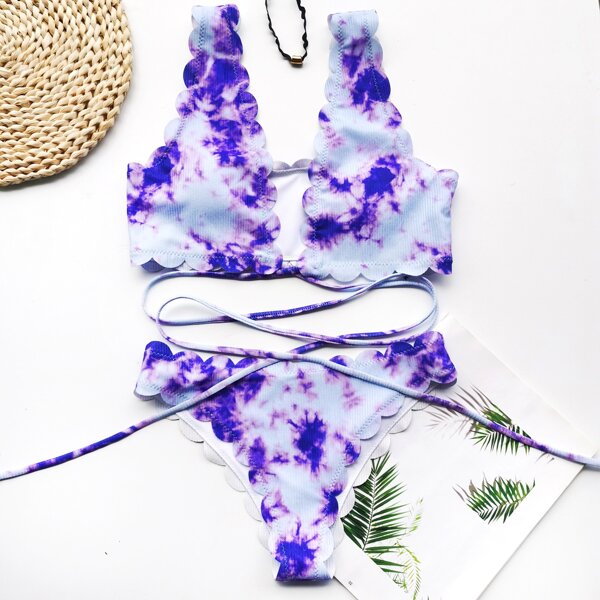 

Tie Dye Rib Scallop Trim Bikini Swimsuit, Multicolor